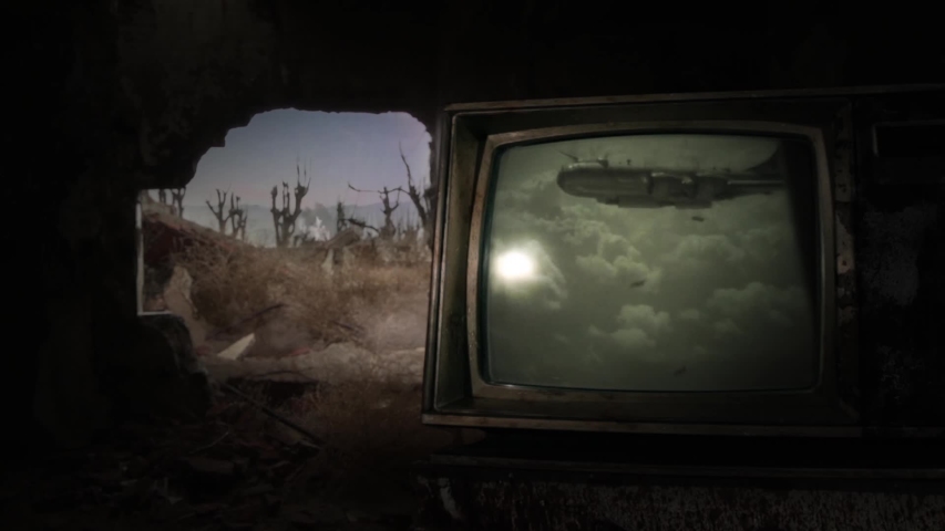 Retro Television Showing Military Bombing Footage in a Destroyed Room - Editorial, Public Domain U.S. Army Footage Displayed on Screen