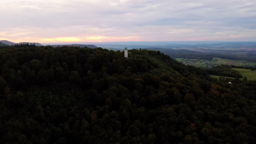 Still aerial shot of the Schönbergturm tower in Pfullingen, Germany.