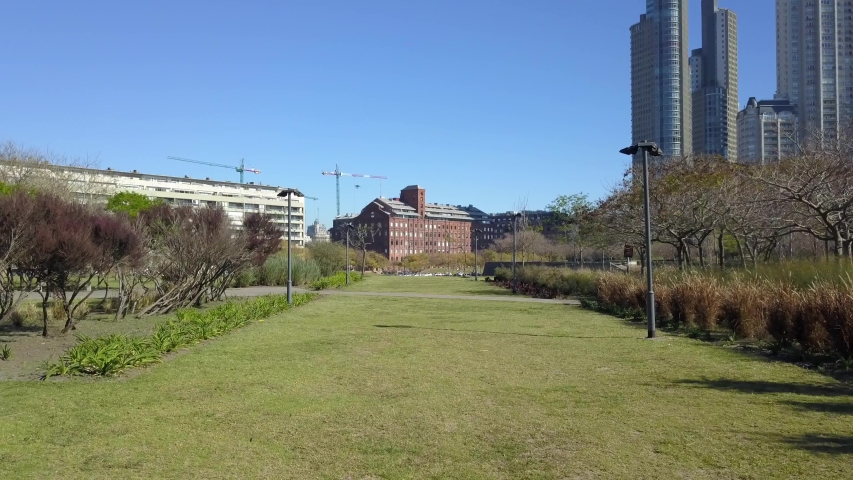 Aerial flying over Mujeres Argentinas park in Puerto Madero district, Buenos Aires
