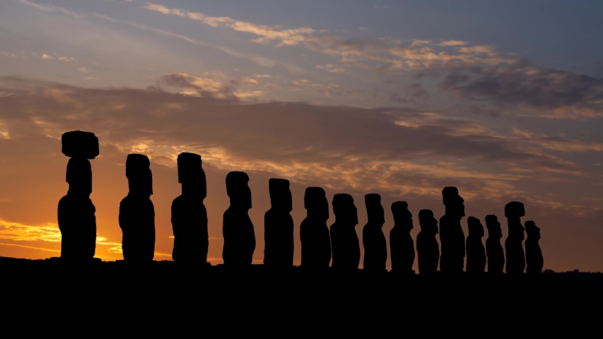 Moai: Iconic Landscape with Ancient Sculpture in Easter Island, Time Lapse at Sunrise, Rapa Nui National Park, Chile