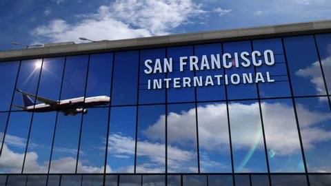 Jet aircraft landing at San Francisco, California 3D rendering animation. Arrival in the city with the glass airport terminal and the reflection of the plane. Travel, tourism and transport concept.