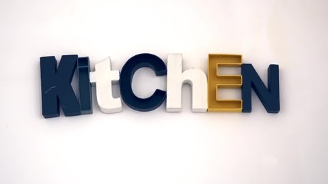 Kitchen. The inscription on the wall is made of plastic volume letters in different colors. Word kitchen 