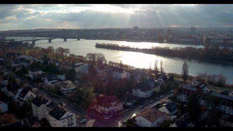 Aerial flight in Mainz Germany at the River