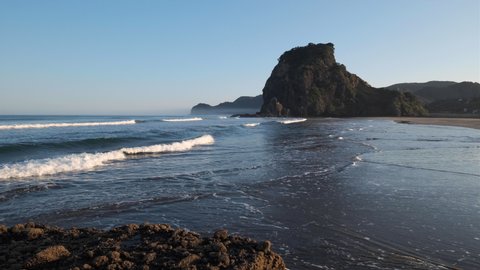 Morning surf at South Piha beach with Lion Rock in the background. Bird flying across the scene. No people.