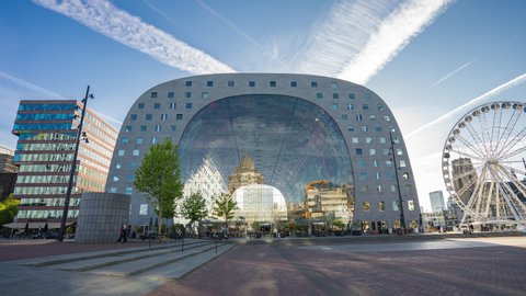Rotterdam, Netherlands - May 13, 2019: Markthal landmark building time lapse in Rotterdam, Netherlands