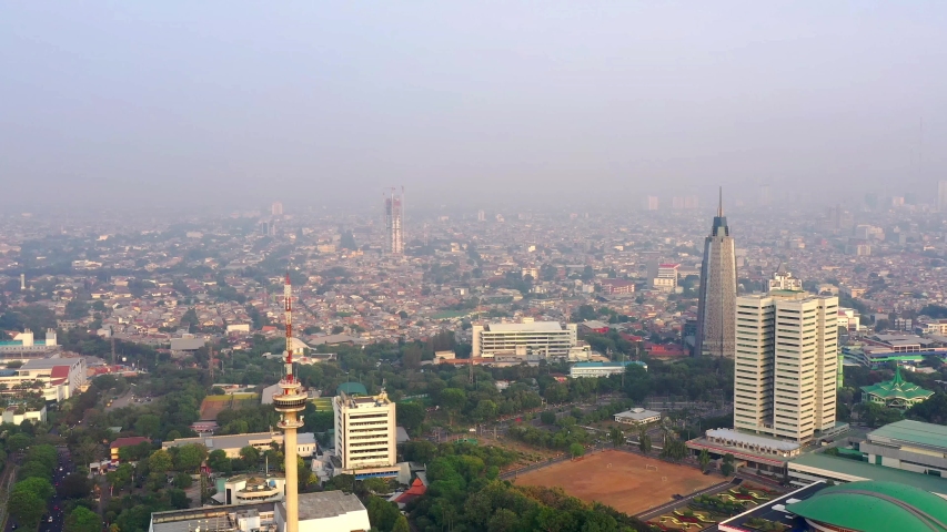 Aerial View of DPR MPR Complex in Jakarta, showing manggal wanabakti and TVRI tower. Panning Motion