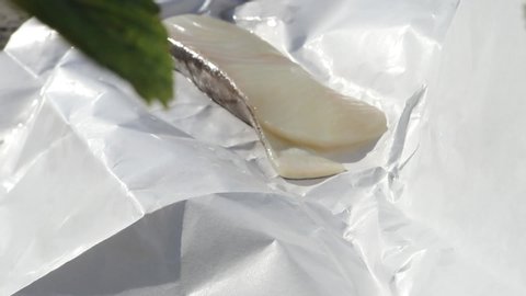 Close shot of 2 beautiful fillets of fresh halibut and cod placed on a log held together with twigs.