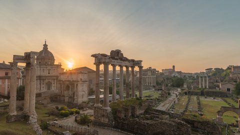 Rome Italy time lapse 4K, night to day sunrise timelapse at Roman Forum