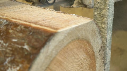 A close up view of an sawmill machine, processing a log of wood at a wood processing mill. A static footage.