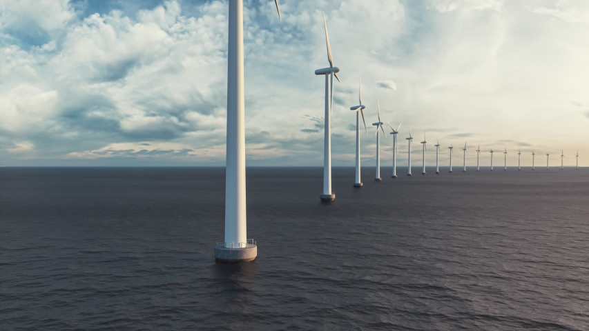 Offshore wind turbines in the sea. Windmill farm from aerial view Royalty-Free Stock Footage #1038913895