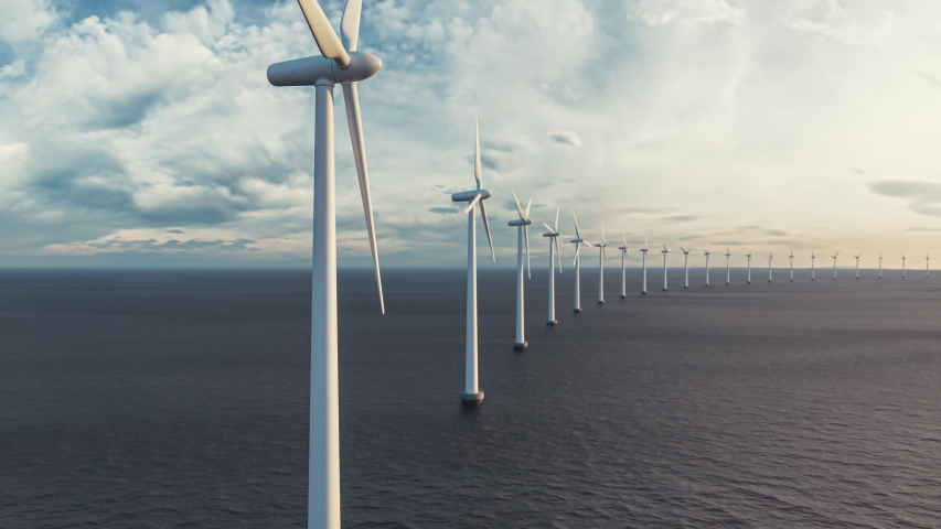 Offshore wind turbines in the sea. Windmill farm from aerial view Royalty-Free Stock Footage #1038913895