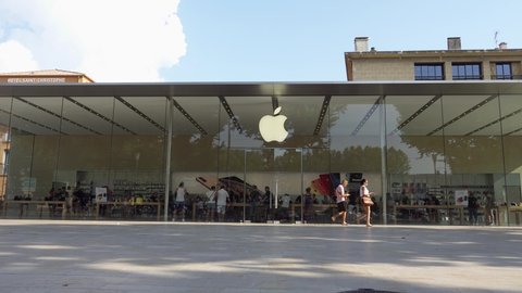 AIX EN PROVENCE, FRANCE - CIRCA July 2019: Transparent Apple store front in France with famous logo. People passing by