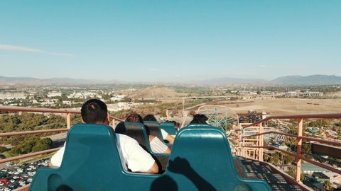 Los Angeles, California/USA - 08.24.2019: Roller coasters at Six Flags in California, first person view, lots of fun and adrenalin, extreme riding, laughing and screaming of excitement