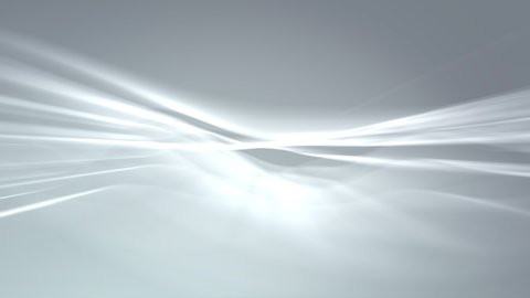 4K Looped Abstract motion background of energetic bright waves in turbulent smooth motion. Volumetric bright light or rays passing through the waves from the center on a light gray background