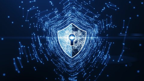 Cyber security concept. Shield With Keyhole icon on digital data background. Illustrates cyber data security or information privacy idea. Blue abstract hi speed internet technology.