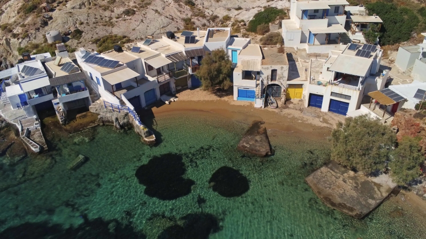 4K Aerial view of Fourkovouni beach, Milos, Greeece
