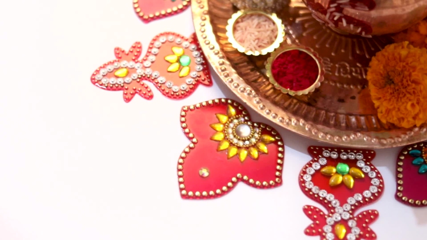 Indian Festival Diwali , pooja Thali and flower rangoli