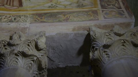 Cividale, Udine, Italy - 14 09 19: Interior detail of "Tempietto Longobardo / Longobard Temple" colorful paintings / fresco  and sculptures - Unesco world heritage. Friuli Venezia Giulia.