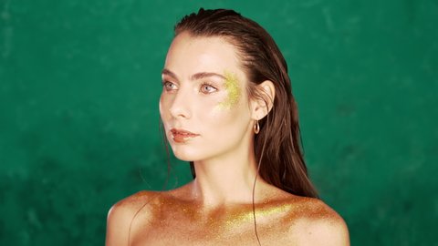 Perfect Naked Girl Covered Gold Paint Stock Footage Video (100% Royalty