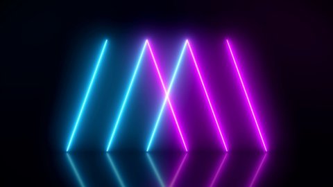 Video animation of glowing vertical neon lines in blue and magenta on reflecting floor. - Abstract background - laser show