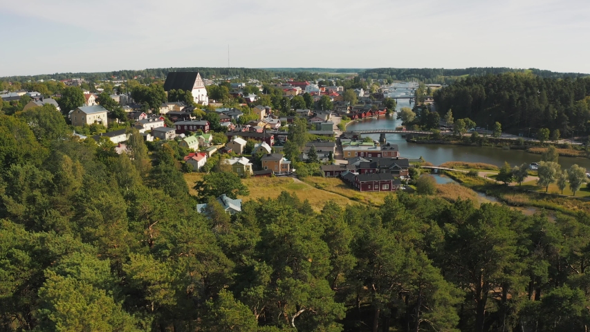 Porvoo Finnish Town in Medieval look and colorful houses - Aerial Footage on a sunny day in Scandinavia