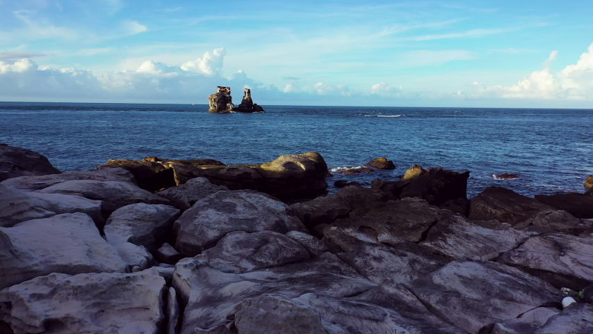 Landscape of Twin candlesticks shaped rocks in notherneast coast of Taiwan, 4K aerial view footage.