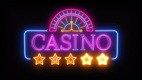 Abstract Bright Casino Neon Sign With Stars And Roulette On A Black Background. Seamless Loop