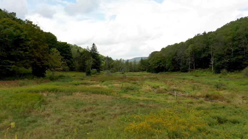 Low ascending aerial view of Cow Pasture in Cranberry Glades National Forest in West Virginia.