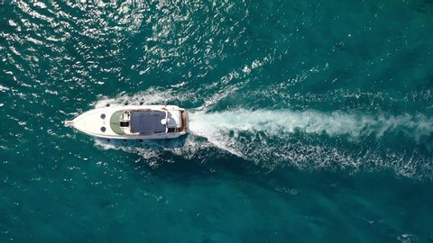 Boat in the mediterranean sea. Excursion. Cyprus Ayia Napa Protaras 2019 aerial video