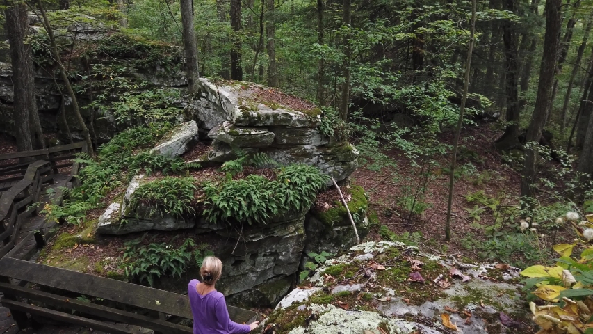 Aerial camera looks down on a woman walking through Beartown State Park in Hillsboro, West Virginia.
