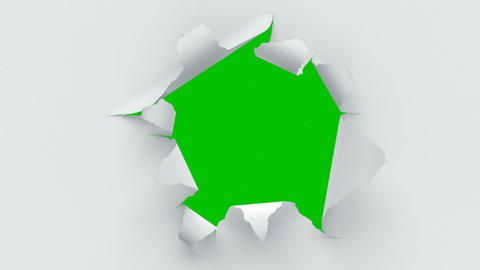 Flying Through the Tearing Paper Sheets on Green Screen. Looped 3d Animation of Sheets of Paper Breaking Through in the Center. 