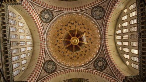 ISTANBUL, TURKEY, OCTOBER 14, 2019: Interior view of Suleymaniye mosque, an Ottoman imperial mosque located on the Third Hill of Istanbul, Turkey.