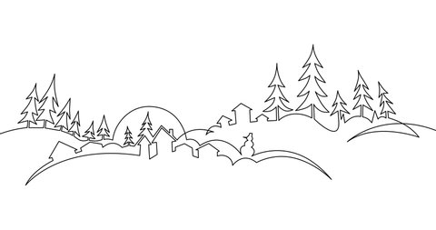 Self drawing animation of winter christmas landscape. Continuous one line drawing