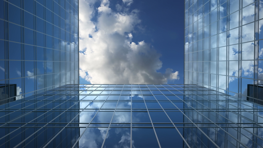 Airplane Flies in the Reflections on the Office Buildings Against a Time-Lapse Clouds Background, 3d Animation 4k, Ultra HD 3840x2160 Royalty-Free Stock Footage #1038989129