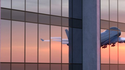 Airplane Takes Off in the Reflection of the Airport Against Sunrise, Beautiful 3d Animation 4k, Ultra HD 3840x2160