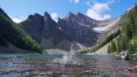 Timelapse Landscape view of the Agness Lake on the Lake louise trekking route in summer daytime with some cloud on the sky-Rockie mountain range with beautiful lake,Alberta,Canada
