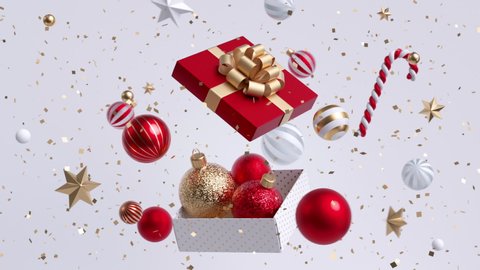 Christmas cycled background. Gold and red balls flying around opened gift box. Rotating whirl, spinning vortex, merry-go-round of 3d objects. Live image. New Year greeting card seamless motion design.