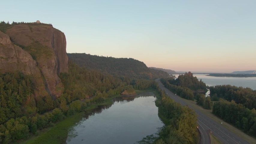 Beautiful Aerial View of Columbia River during a vibrant summer sunrise. Taken in Oregon, United States of America.
