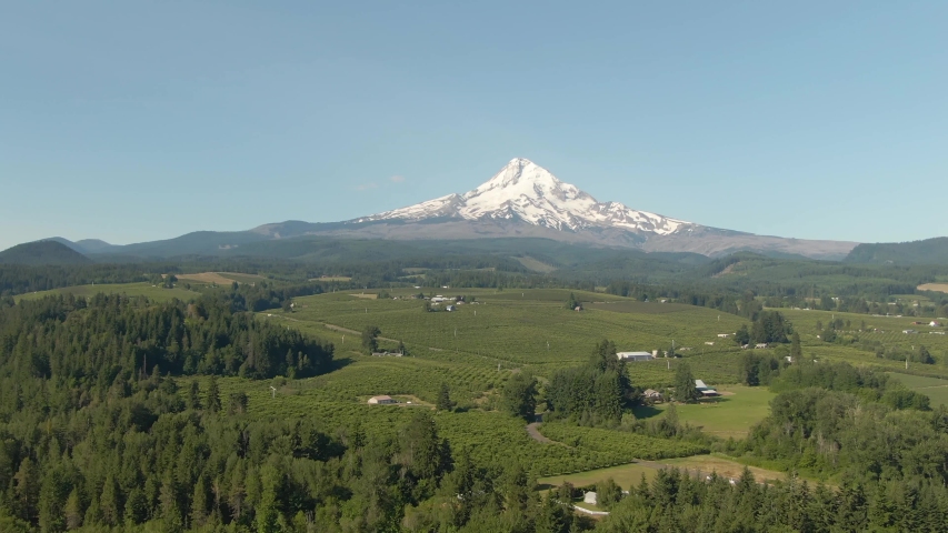 Aerial View of American Landscape and Green Farm Fields with Mount Hood in the background. Taken in Oregon, United States of America.