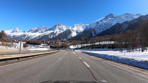 Chamonix, France. March 1, 2019. POV. Driver point of view. Driving on the motorway from the bottom valley to the Mont Blanch tunnel 