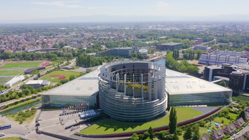 Strasbourg, France. The complex of buildings is the European Parliament, the European Court of Human Rights, the Palace of Europe, Aerial View, Point of interest Royalty-Free Stock Footage #1039008335