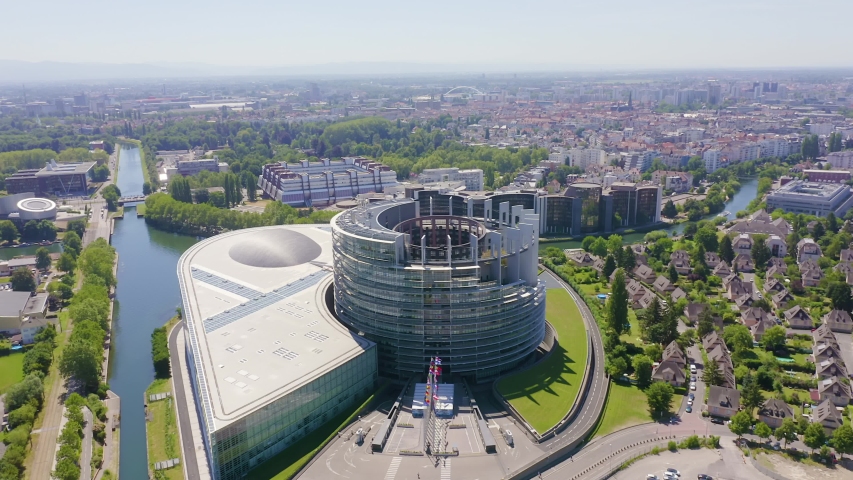 Strasbourg, France. The complex of buildings is the European Parliament, the European Court of Human Rights, the Palace of Europe, Aerial View, Point of interest Royalty-Free Stock Footage #1039008335