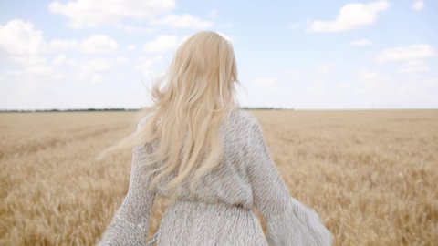 young woman in frock close hand touches yellow ripe wheat and blond lady runs along pictorial field slow motion backside