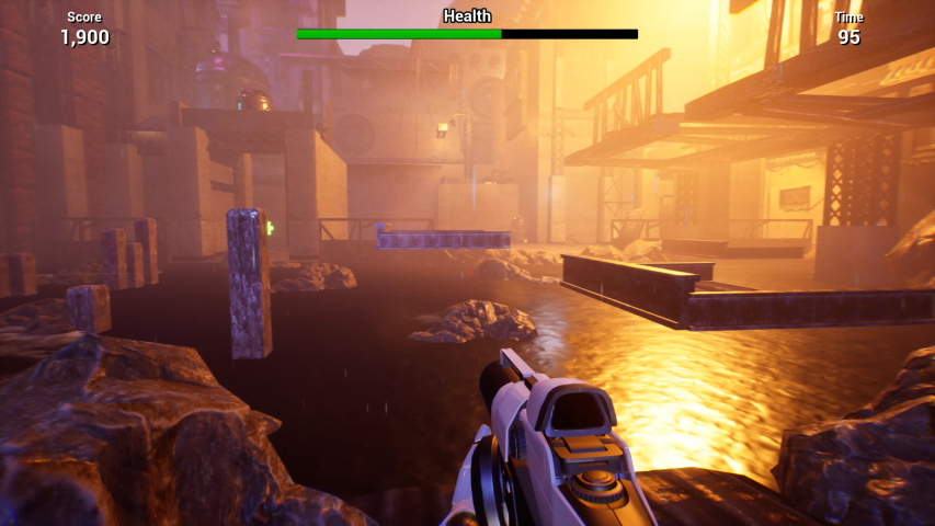 CG imitation of first-person shooter game. Walking through abandoned area, jumping on wooden platform floating above water and striking with gun. Score, health, time indicators are in top of screen