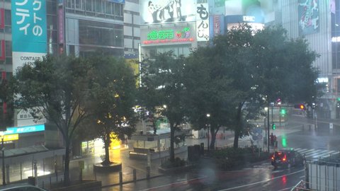 TOKYO,JAPAN - 12 OCTOBER 2019 : Powerful Typhoon Hagibis made landfall. Heaviest rain and winds in 60 years. Government issued highest level of disaster warning. View around Shibuya scramble crossing.