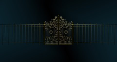 3D rendered animation. Opening and flying through golden gates. Space for text.  Gradient background. 