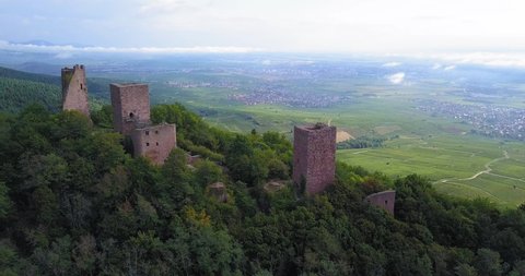 Backdrop of Rhine Valley with the Three Castles of Eguisheim in Alsace-Lorraine, France