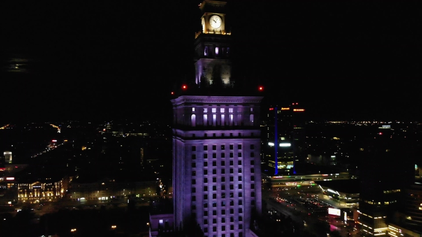 Aerial view of Warsaw Poland, Palace of Culture at night. City, Europe, Building