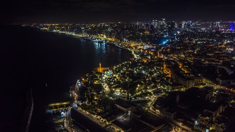 [Hyperlapse] Jaffa and Tel Aviv night skyline, Israel, 4k aerial drone view