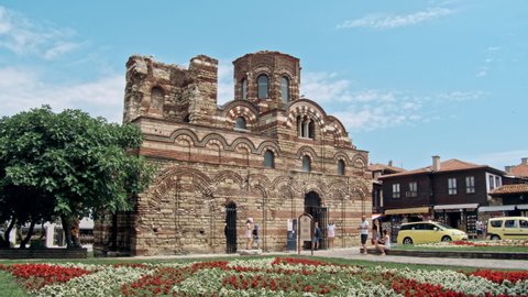 BURGAS, BULGARIA - JULY 2019: The Church of Christ Pantocrator is a medieval Eastern Orthodox church in the Bulgarian town of Nesebar on the Black Sea coast. An ancient Nesebar UNESCO
